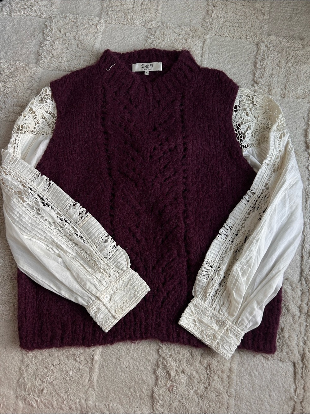 Sea Plum Cable-Knit Mock Neck Plum Sweater with Cream Lace Sleeves
